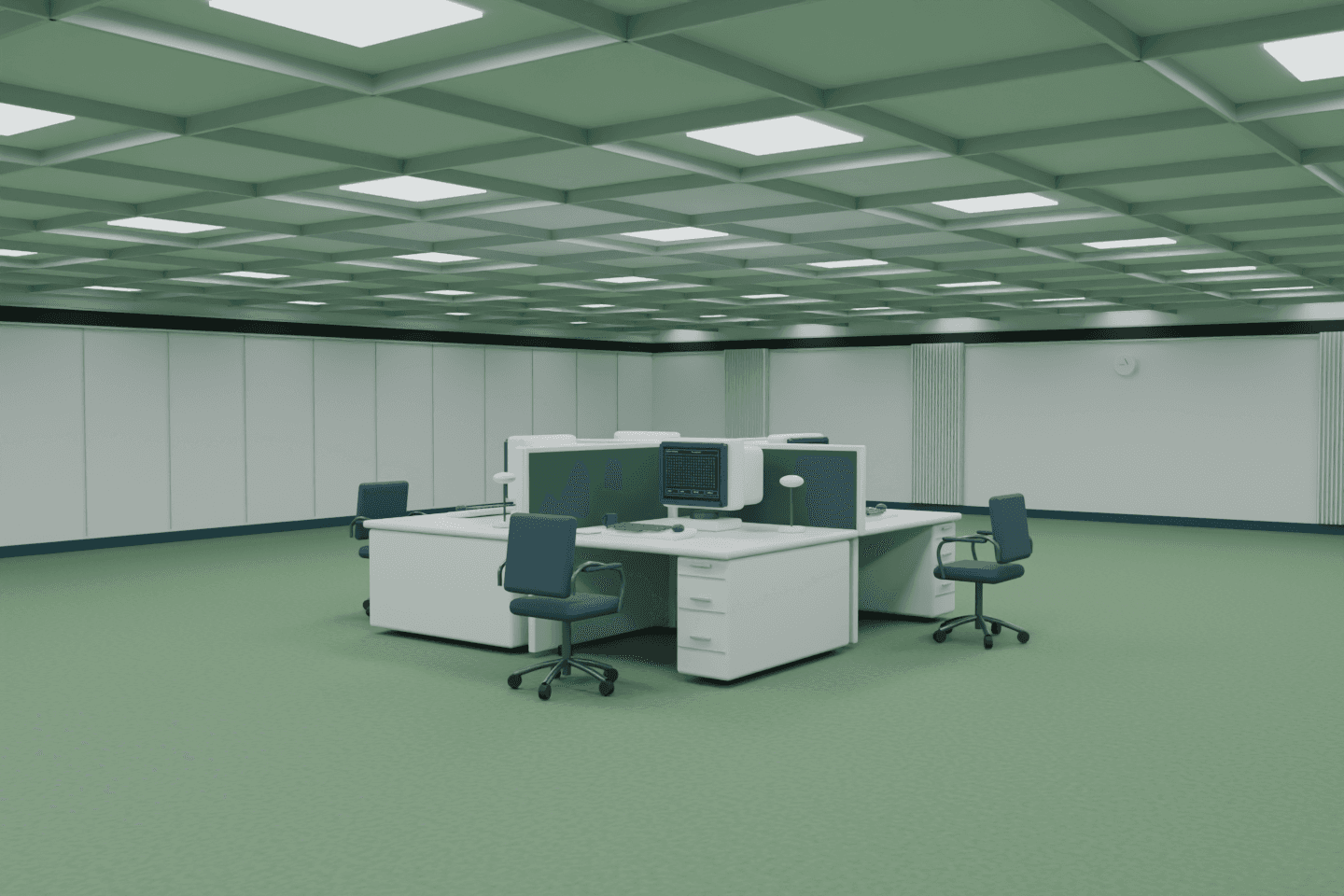 A quiet Severance-inspired office with green carpet, four white desks and blue CRT terminals.
